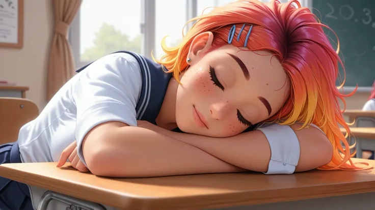 two school girls, classroom, wearing school uniform, large breasts, dynamic hair, vibrant hair, head only, close up, zoomed in, gal, high detail, 4k, real skin, lots of hair clips, earring on one ear, sitting at her desk, leaning forward, head lying on her...