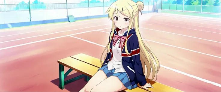 1girl,unwellness(autonomic nervous system disorder and depression) thick thighs Kujou Karen very long hair,blonde hair,single hair bun,hairclip,x hair ornament,sidelocks,side swept bangs,black eyes,white shirt,collared shirt,union jacket,pink bowtie,neck r...