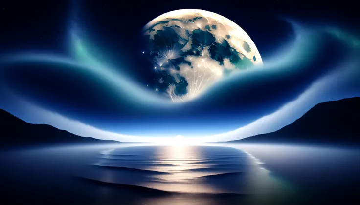 ( 画面いっぱいな巨大で鮮やかなgreenい月:1.5 ),(one girl:1.5),( Huge Moon:1.5),sky full of stars,(Clear and beautiful pattern on the surface of the moon:1.5),Detailed Scenery ,Night Sky,(Milky Way Galaxy:1.5),(Milky Way Galaxy:1.5),(Alps:1.5),湖に移る Huge Moonと星々,Ultramarine,...