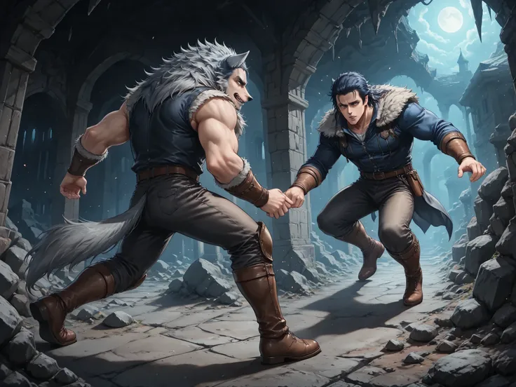 ((Best Quality)),( super high definition),(Super detailed),( detailed description ),((The best CG)),(masterpiece), dark dungeon,dark cave,lanthorn,(1boy vs 1werewolf),(1boy is Rei,30years old men),fighting in the dundeon,wide shot