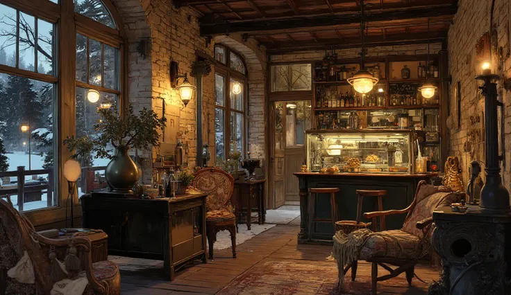 depicting a cafe built of natural brick , rustic and beautiful , looking from the window onto the lake and snow-capped mountains , It there is a beautiful shiny metal coffee pot , glass counter with bread and pastries , with comfortable wooden stools , ...
