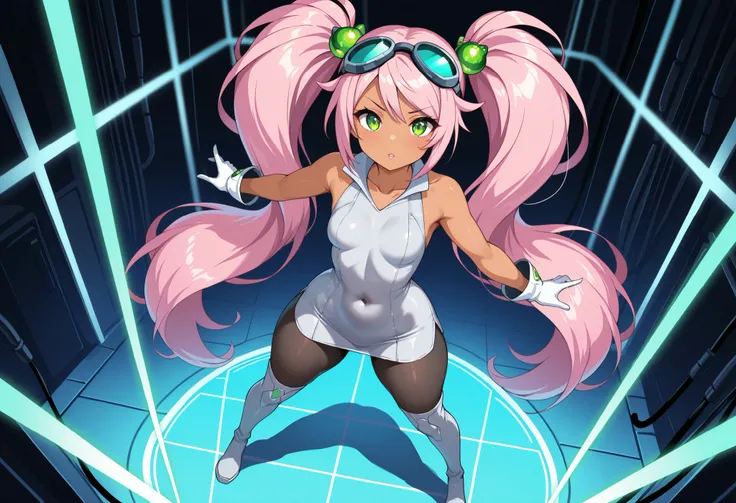 1girl, full body, Lovrina-inspired character, tan skin, vivid pink hair, very long pigtails, extremely long twintails , green eyes, looking at viewer, wearing a futuristic short dress (grey stomach, sleeveless), black pantyhose, grey thigh-high boots, whit...