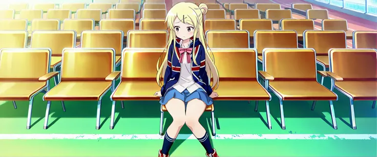 1girl,unwellness(autonomic nervous system disorder and depression) thick thighs Kujou Karen very long hair,blonde hair,single hair bun,hairclip,x hair ornament,sidelocks,side swept bangs,black eyes,white shirt,collared shirt,union jacket,pink bowtie,neck r...
