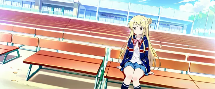 1girl,unwellness(autonomic nervous system disorder and depression) thick thighs Kujou Karen very long hair,blonde hair,single hair bun,hairclip,x hair ornament,sidelocks,side swept bangs,black eyes,white shirt,collared shirt,union jacket,pink bowtie,neck r...