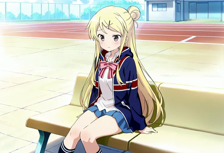 1girl,unwellness(autonomic nervous system disorder and depression) Kujou Karen very long hair,blonde hair,single hair bun,hairclip,x hair ornament,sidelocks,side swept bangs,black eyes,white shirt,collared shirt,union jacket,pink bowtie,neck ribbon,pink ri...