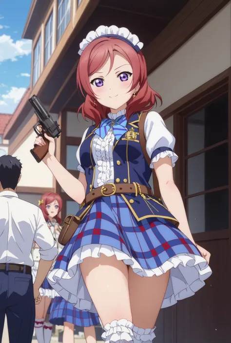 1 girl、Nishikino Maki（Love Live）Western Gunman、red hair、Red Shorthair、purple eyes in gla、魅力的なpurple eyes in gla、walking、cowgirl、cowgirlのセクシーな衣装、Clint Eastwood、gun belt、Gunman belt、frill socks、from below、 Ashikiri、embarrassing、Gun in right hand、Handgun Peac...