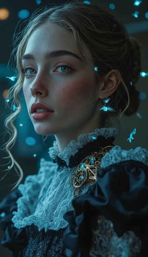 Close-up of a stunning Victorian woman, her face is highlighted by the soft glow of holographic lights above her. her eyes wide open , , reflective patterns of subtle neon hues around her, , as her lips open with pure bliss, fascinated by the. She wears...