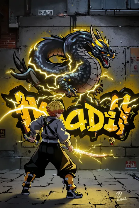 Realistic, estetik, Cool graffiti spelling black yellow 'Madi' on a stone black wall background , Yellow lightning dragon, Zenitsu Agatsuma stands under the graffiti while holding a katana that is flowing with yellow lightning , any lightning bolt , liquid...