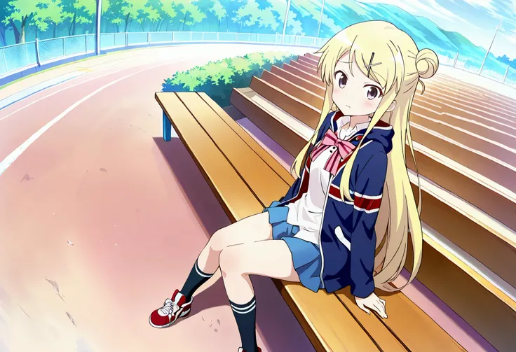 1girl,unwellness(autonomic nervous system disorder and depression) Kujou Karen very long hair,blonde hair,single hair bun,hairclip,x hair ornament,sidelocks,side swept bangs,black eyes,white shirt,collared shirt,union jacket,pink bowtie,neck ribbon,pink ri...