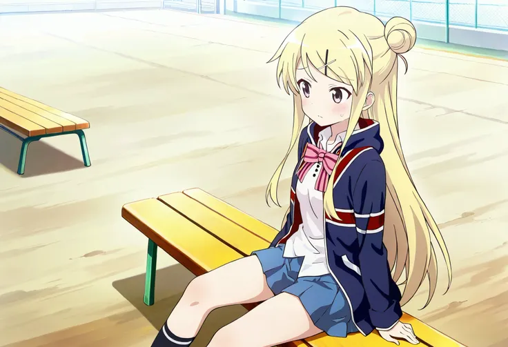 1girl,unwellness(autonomic nervous system disorder and depression) Kujou Karen very long hair,blonde hair,single hair bun,hairclip,x hair ornament,sidelocks,side swept bangs,black eyes,white shirt,collared shirt,union jacket,pink bowtie,neck ribbon,pink ri...