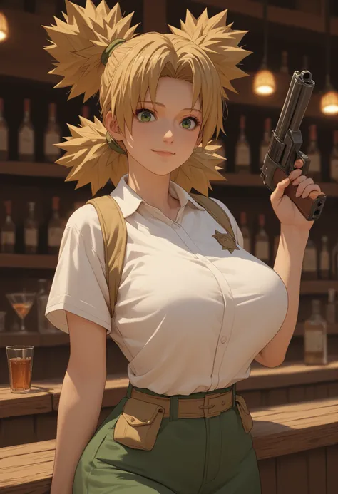 anime美少女　anime　small breasts　light smile　White Shirt, Cowboy Uniform　Wild West,　Holding guns, In Front Of Her Bar, Cowboy Village, Score_10, Score_9, Score_8_up, Score_7_up, Score_6_up, Score_5_up, Score_4_up, Source_anime, Tag1, Tag2, Quality_masterpiece,...