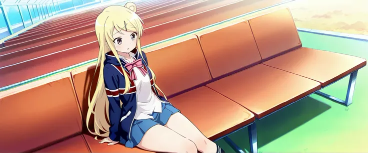 1girl,unwellness(autonomic nervous system disorder and depression) thick thighs Kujou Karen very long hair,blonde hair,single hair bun,hairclip,x hair ornament,sidelocks,side swept bangs,black eyes,white shirt,collared shirt,union jacket,pink bowtie,neck r...