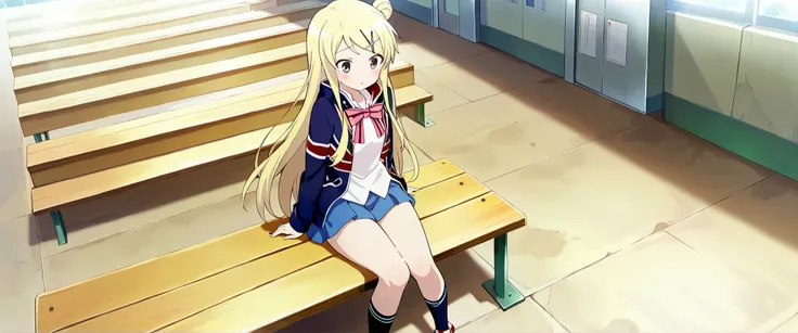 1girl,unwellness(autonomic nervous system disorder and depression) thick thighs Kujou Karen very long hair,blonde hair,single hair bun,hairclip,x hair ornament,sidelocks,side swept bangs,black eyes,white shirt,collared shirt,union jacket,pink bowtie,neck r...