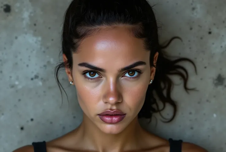 close up image of woman looking directly and intensely into the camera, her head slightly tilted down, intimidating, piercing eyes, concrete background