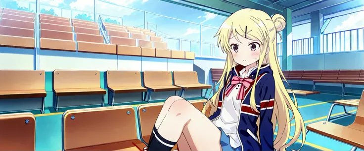 1girl,unwellness(autonomic nervous system disorder and depression) thick thighs Kujou Karen very long hair,blonde hair,single hair bun,hairclip,x hair ornament,sidelocks,side swept bangs,black eyes,white shirt,collared shirt,union jacket,pink bowtie,neck r...