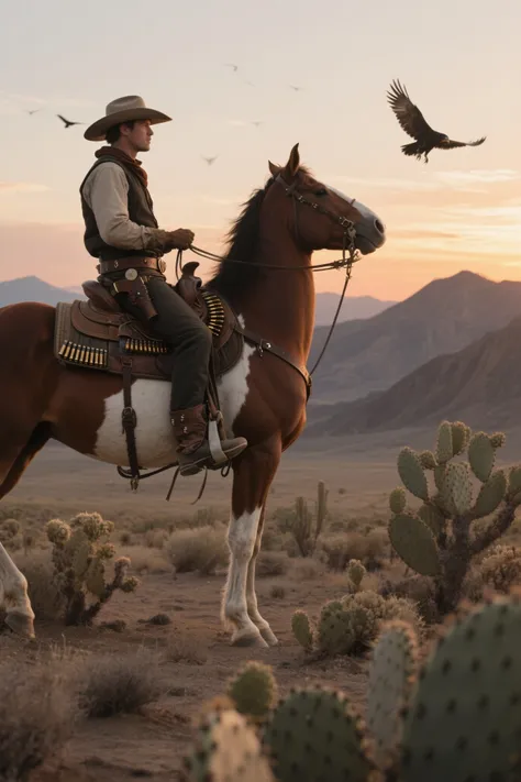 Cowboy riding on the back of a brown and white horse，Cortical ammo belt，The sunset lengthens his figure on Gobi where cacti are scattered，The rugged mountains and circling vultures can be seen vaguely in the distance，Low saturation earth tone
