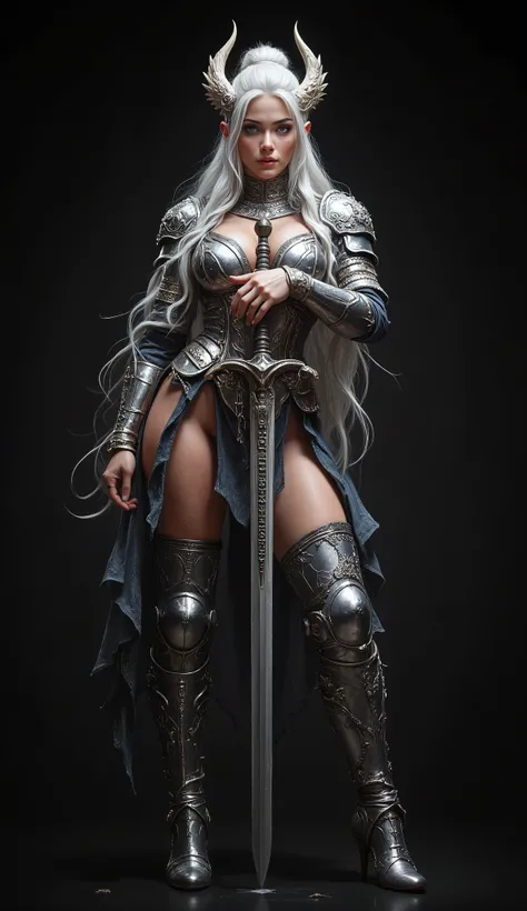 Create a high quality image, (8k, RAW photo, best quality, masterpiece: 1.2), london (azur lane), fantasy_world, 1 girl, 4k, raytracing, full view of the full body of a girl in the dark, inspired by epic fantasy. The 20-year-old woman is a Valkyrie, she ha...