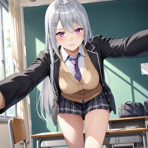best quality, amazing quality, highres, absurdres, very aesthetic, high resolution, ultra detailed, perfect details,nijikaede,large breasts,purple eye,grey hair,long eyelashes,long hair,hair pin,nijikaedecos,white shirt,purple necktie,plaid necktie,brown c...