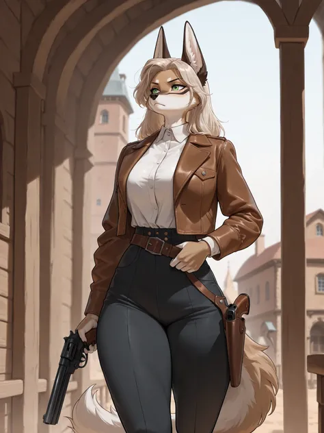 (masterpiece, best quality, amazing quality, very aesthetic, high resolution, ultra-detailed, absurdres:1.2), newest, scenery, (furry, fluffy), anthro, female, (solo, 1 jackal anthro:1.2), (long muzzle:0.95), short beige hair, green eyes, tall, adult, matu...