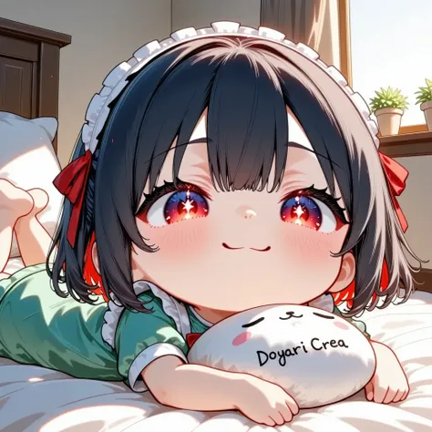 A chibi anime girl with short black hair and red ribbons, wearing green pajamas, lying on her stomach on a white bed in a softly lit bedroom. She has a smug, mischievous smile and rosy cheeks, hugging a cute round pillow. The pillow features a kawaii face and the text "Doyari Crea" written across it. The atmosphere is cozy and peaceful, with soft morning light streaming through a window. Side view from eye level, emphasizing her small hands and expressive red eyes. Clean, minimal background with subtle textures. Ultra-high-resolution digital painting with ray tracing, realistic soft shadows, UHD quality, highly detailed textures, 16k level fidelity, very aesthetic and anatomically correct.