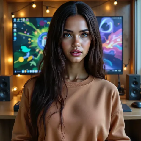 Juliana Nalu, Brazilian wiman, a 27-year-old girl, with long dark brown, brown eyes, usually dresses in sweatshirts. she is in her gaming room and looking ahead. She has brown eyes