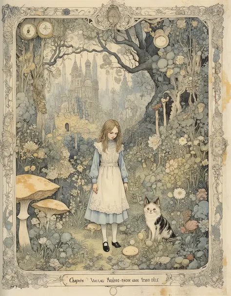 An old Victorian-style illustration, reminiscent of an engraving from a ren's book of the 19th century. Alice (a sweet girl in a blue silk dress with a lace apron and black patent leather shoes) stands in an overgrown magical garden among giant mushrooms a...