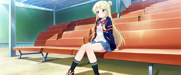 1girl,unwellness(autonomic nervous system disorder and depression) thick thighs Kujou Karen very long hair,blonde hair,single hair bun,hairclip,x hair ornament,sidelocks,side swept bangs,black eyes,white shirt,collared shirt,union jacket,pink bowtie,neck r...