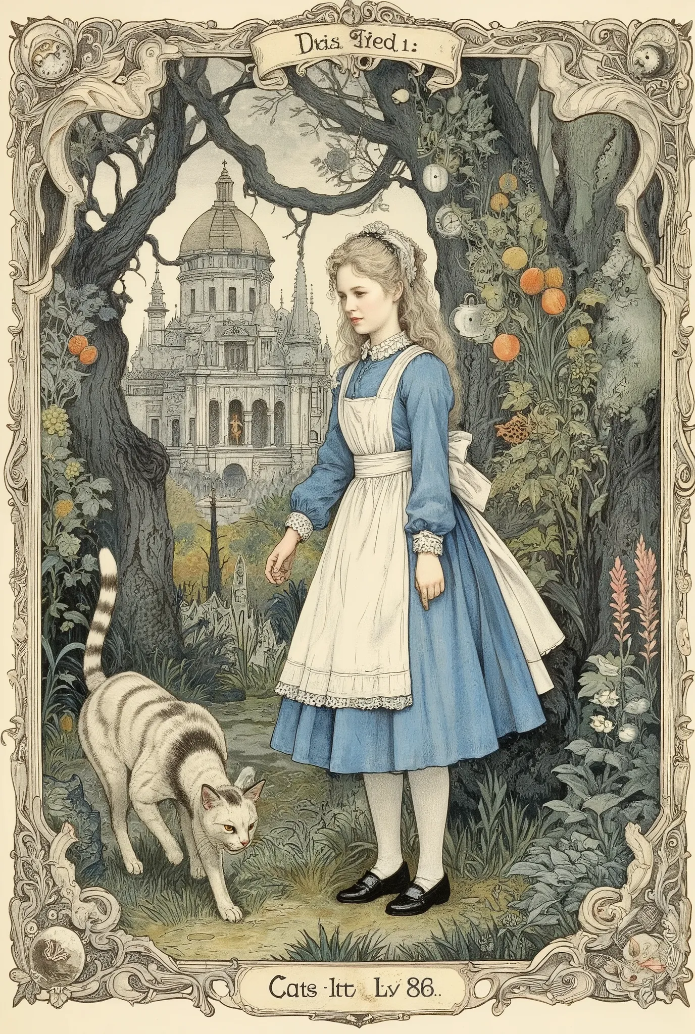 An old Victorian-style illustration, reminiscent of an engraving from a ren's book of the 19th century. Alice (a sweet girl in a blue silk dress with a lace apron and black patent leather shoes) stands in an overgrown magical garden among giant mushrooms a...