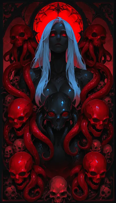 ((cthulhu portrait)) a mermaid with very long white hair, black fishtail, jet-black skin, webbed+clawed hand, under dark blood sea, octopus, dark red tentacles. detailed eyes, detailed scales, detailed fins, skulls, dark vibe, horror atmosphia,cthulhu.