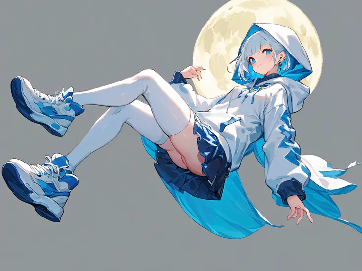 Single female, short hair, white hair、 (( White Long Sleeve Stockings))、環狀 Earrings, Earrings, blue eyes、((Pure White Hoodie ))、(Put Down the Hood )、moon、White Sneakers、(full body photo))、standing、 simple background , (look straight ahead)、 sacred、 Cha...