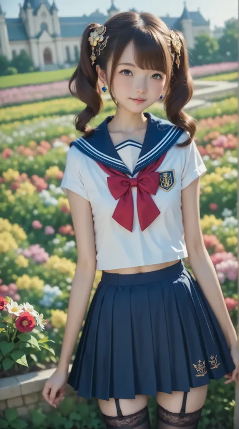   sailor suit   ,  college student , young, cute girl,masterpiece, brown hair, cute hair ornament, skirt for ears  :1.5、  black stockings、  Black Garter Belt 、Tokijin Royal Palace、garden、Flower Field、