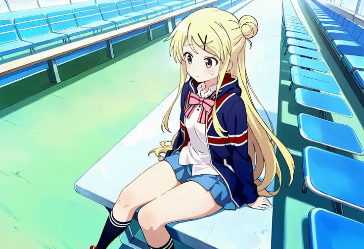1girl,unwellness(autonomic nervous system disorder and depression) thick thighs Kujou Karen very long hair,blonde hair,single hair bun,hairclip,x hair ornament,sidelocks,side swept bangs,black eyes,white shirt,collared shirt,union jacket,pink bowtie,neck r...