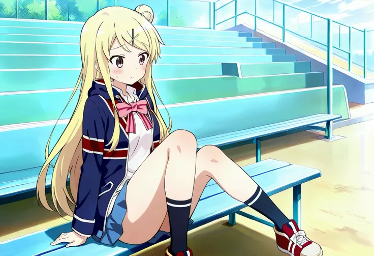 1girl,unwellness(autonomic nervous system disorder and depression) thick thighs Kujou Karen very long hair,blonde hair,single hair bun,hairclip,x hair ornament,sidelocks,side swept bangs,black eyes,white shirt,collared shirt,union jacket,pink bowtie,neck r...