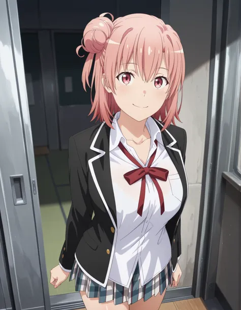 (masterpiece, best quality, official style),ultra detailed,(newest),8k,texture,very aesthetic,(sharp focus),smooth,(unreal engine),realistic skin,anime face,cute round face,detailed eyes, BREAK smile,1girl,yui yuigahama,pink hair,short hair,gradient hair,h...