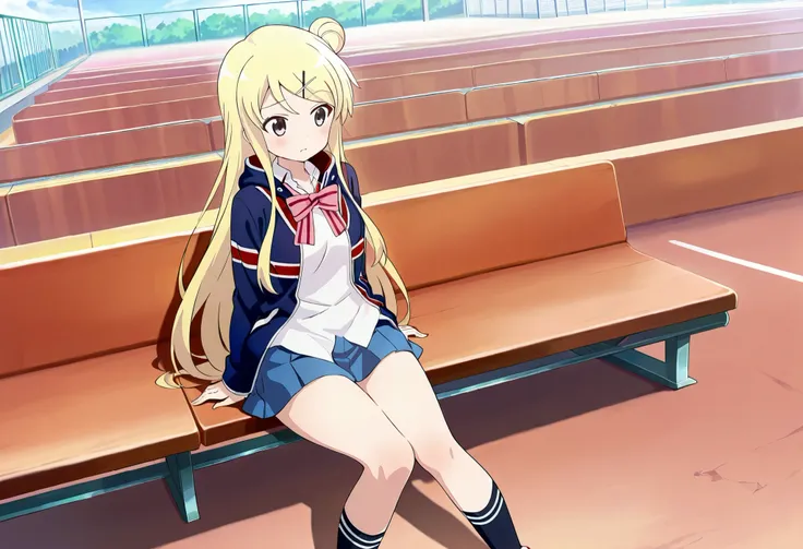 1girl,unwellness(autonomic nervous system disorder and depression) thick thighs Kujou Karen very long hair,blonde hair,single hair bun,hairclip,x hair ornament,sidelocks,side swept bangs,black eyes,white shirt,collared shirt,union jacket,pink bowtie,neck r...
