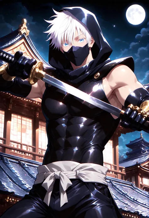 1man, gojou satoru /(jujustu kaisen/), detailed eyes, blue eyes, white hair, short hair, detailed eyelashes, colored eyelashes, sexy man, trained body, muscular, handsome, cool, mature man
scar on right eye, moon, dark sky, standing on a rooftop, temple r...