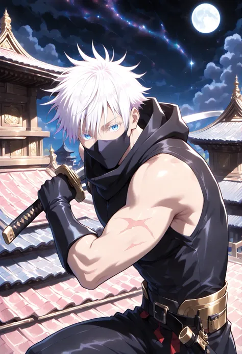 1man, gojou satoru /(jujustu kaisen/), detailed eyes, blue eyes, white hair, short hair, detailed eyelashes, colored eyelashes, sexy man, trained body, muscular, handsome, cool, mature man
scar on right eye, moon, dark sky, standing on a rooftop, temple r...