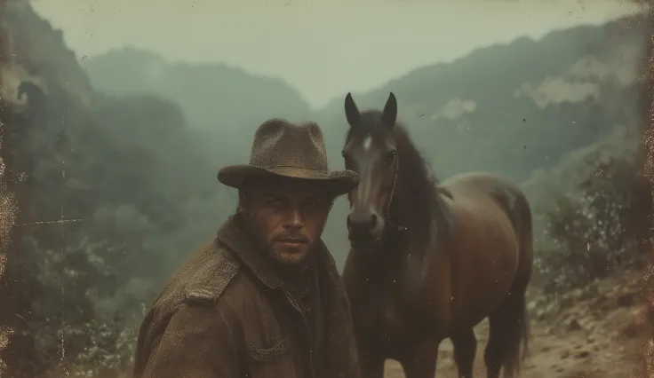 Cowboy standing with his horse on a cliff with a deep forest below, wide brim hat, horse,