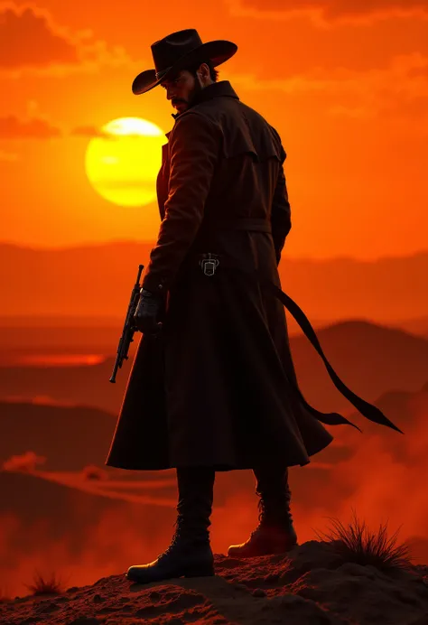 western drama、Pioneering era、robot cowboy、Hide your body with a coat、Cool Gunman Robotized Cowboy、アンティークな西部Pioneering eraの舞台、Portrait of a Cool Gunman Turning Around While Hiding His Body in His Coat、Desolate Desert Scenery、High Quality 4K Illustration Ill...