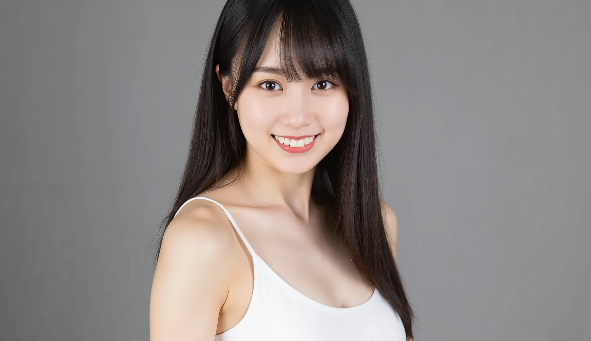1 girl, 20 years old, young girl, Japanese girl, dark brown long hair, (I'm wearing a white tank top with thin straps, plated miniskirt), Open button, button, Closeup selfie , Natural Breasts, skinny, Chest, nsfw, Lean on me