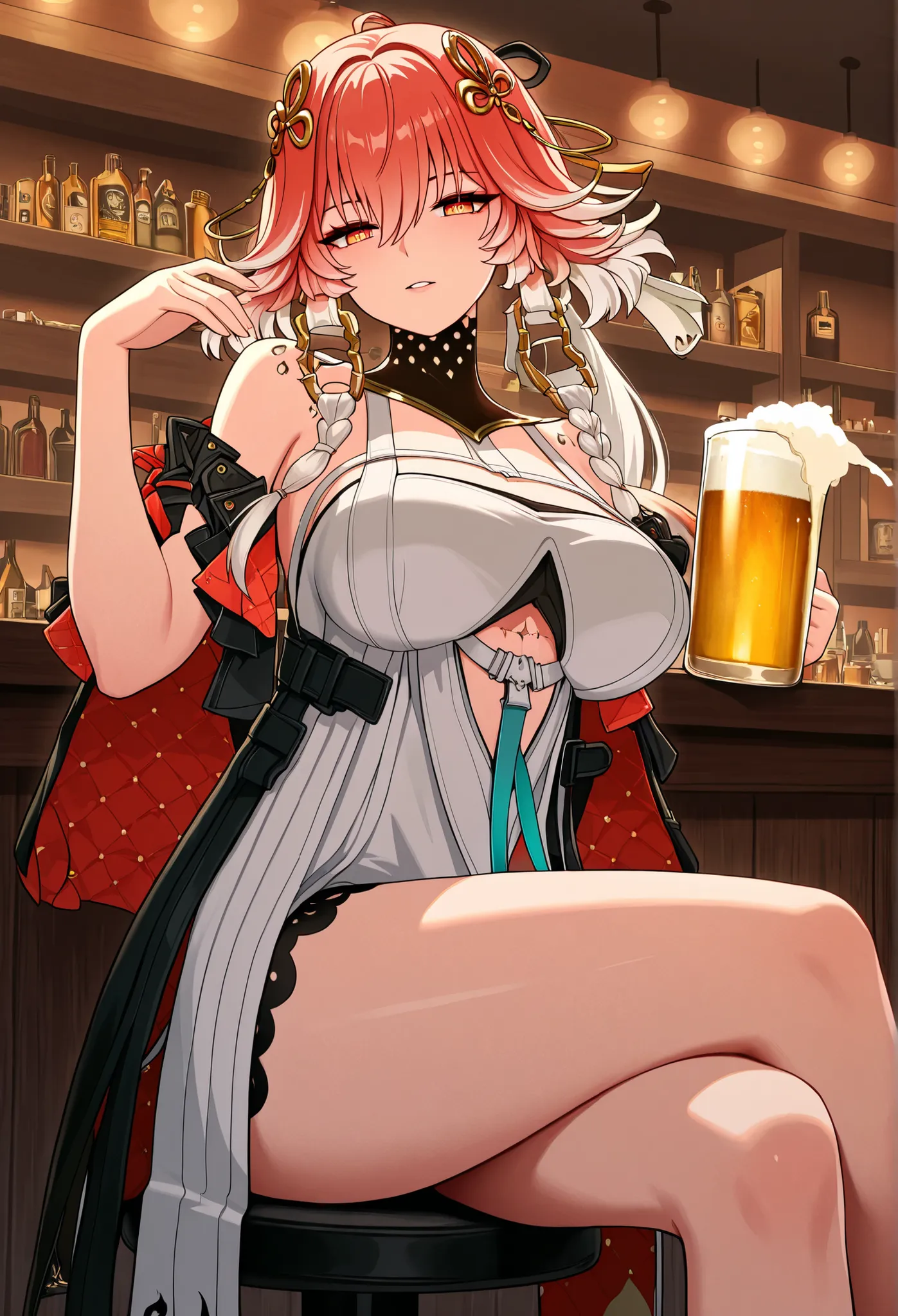 ChangLi (character from the game wuthering waves) wearing cowgirl outfits in a bar, legs crossed and looking confidently raising a glass of beer amid a cheering crowd
