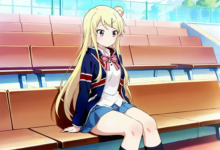 1girl,unwellness(autonomic nervous system disorder and depression) thick thighs Kujou Karen very long hair,blonde hair,single hair bun,hairclip,x hair ornament,sidelocks,side swept bangs,black eyes,white shirt,collared shirt,union jacket,pink bowtie,neck r...