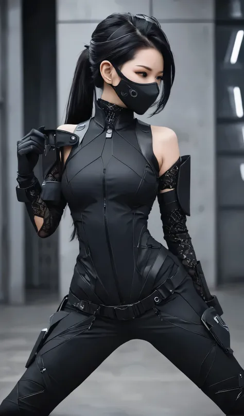 Woman in black with mask and all black cyberpunk clothes, wearing tech outfit and armor, photo of a woman in tech gear, dark sci-fi outfit, cyberpunk outfit, female assassin, futuristic tech costume, cyberpunk fashion clothes, jet black hair cyberpunk girl...