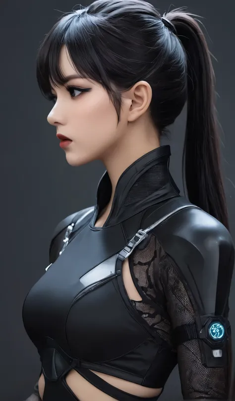 Woman in black with mask and all black cyberpunk clothes, wearing tech outfit and armor, photo of a woman in tech gear, dark sci-fi outfit, cyberpunk outfit, female assassin, futuristic tech costume, cyberpunk fashion clothes, jet black hair cyberpunk girl...