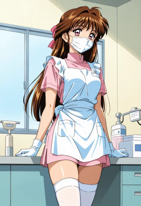 Score_9, score_8_up, score_7_up, source_anime, Minamizato_Ai(Anime), 1girl, solo, long hair, brown hair, pink eyes, bangs, hair ribbon, hair intakes, medium breasts, 1990s (style), anime coloring, (best quality), (high quality), {masterpiece}, extremely de...