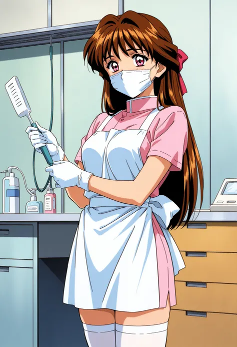 Score_9, score_8_up, score_7_up, source_anime, Minamizato_Ai(Anime), 1girl, solo, long hair, brown hair, pink eyes, bangs, hair ribbon, hair intakes, medium breasts, 1990s (style), anime coloring, (best quality), (high quality), {masterpiece}, extremely de...