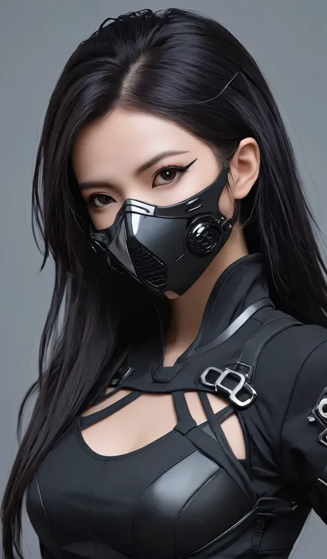 Woman in black with mask and all black cyberpunk clothes, wearing tech outfit and armor, photo of a woman in tech gear, dark sci-fi outfit, cyberpunk outfit, female assassin, futuristic tech costume, cyberpunk fashion clothes, jet black hair cyberpunk girl...