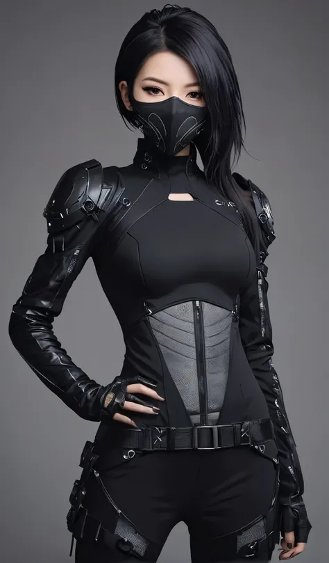 Woman in black with mask and all black cyberpunk clothes, wearing tech outfit and armor, photo of a woman in tech gear, dark sci-fi outfit, cyberpunk outfit, female assassin, futuristic tech costume, cyberpunk fashion clothes, jet black hair cyberpunk girl...