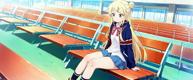 1girl,unwellness(autonomic nervous system disorder and depression) thick thighs Kujou Karen very long hair,blonde hair,single hair bun,hairclip,x hair ornament,sidelocks,side swept bangs,black eyes,white shirt,collared shirt,union jacket,pink bowtie,neck r...