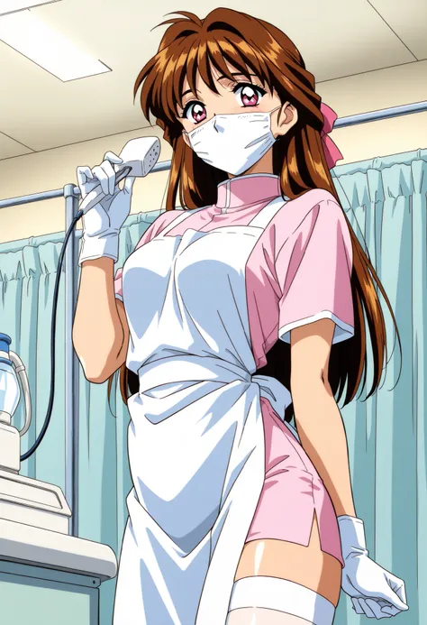 Score_9, score_8_up, score_7_up, source_anime, Minamizato_Ai(Anime), 1girl, solo, long hair, brown hair, pink eyes, bangs, hair ribbon, hair intakes, medium breasts, 1990s (style), anime coloring, (best quality), (high quality), {masterpiece}, extremely de...